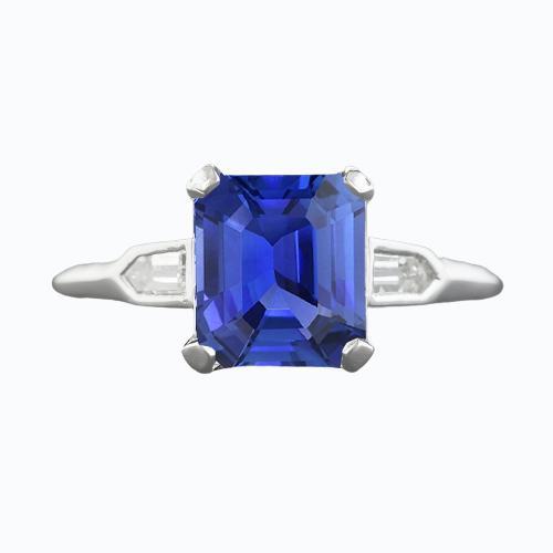 3 stenen saffier ring Emerald Cut taps toelopende stokbrood diamanten 3 karaat - harrychadent.nl