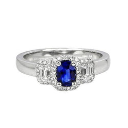 3 stenen stijl blauwe saffier en halo diamanten ring 5 karaat nieuw