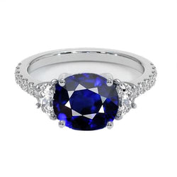 3 stenen stijl ovale Ceylon saffier & halve maan diamanten ring 11 karaat