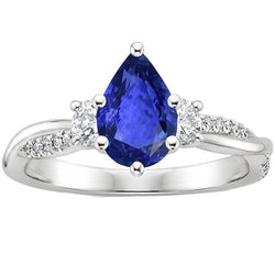3 stenen stijl ring met accenten diamant en peer blauwe saffier 6 karaat