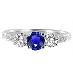 3 stenen stijl ronde diamanten blauwe saffier ring met accenten 2 karaat