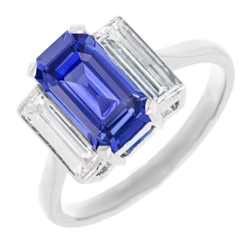 3 stenen stokbrood Diamond Blue Sapphire Emerald Cut Ring 3,50 karaat - harrychadent.nl