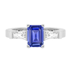 3 stenen stokbrood diamanten blauwe saffier ring smaragd geslepen 1,75 karaat