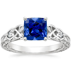 3 stenen vintage stijl blauwe saffier ring ronde diamanten 2,50 karaat