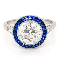 3,50 karaat blauwe saffier diamanten ring oude mijnwerker wit goud 14K