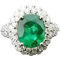3.25 Ct Ovale Groene Smaragd Met Halo Diamanten Ring 14K Witgoud