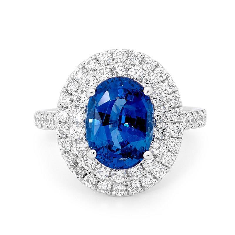 3.40 ct ovale Ceylon saffier met ronde diamanten ring witgoud - harrychadent.nl