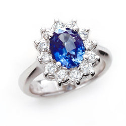 3.60 karaat blauwe saffier en diamanten ring bloem stijl wit goud 14K