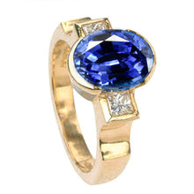 Afbeelding in Gallery-weergave laden, 3.61 ct diamanten ring met drie stenen Sri Lanka blauwe saffier ring - harrychadent.nl
