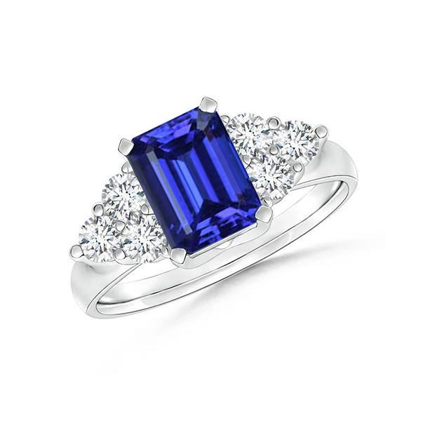 4 ct Emerald Cut Ceylon blauwe saffier en ronde diamanten trouwring - harrychadent.nl