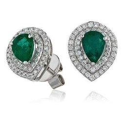 4 ct peergeslepen groene smaragd met diamanten oorknopjes wit goud 14k