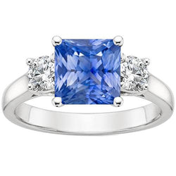 4 karaat blauwe Ceylon saffier & ronde diamanten 3 stenen ring goud 14K