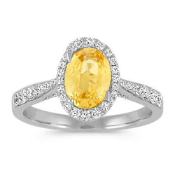 4,50 ct ovale gele saffier en ronde diamanten ring wit goud 14K