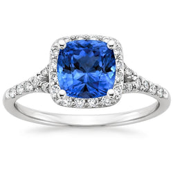 4.10 Ct Kussen Sri Lankaanse Saffier En Ronde Diamanten Ring Wit Goud