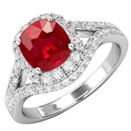 4.35 ct Halo Ruby en diamanten ring gespleten schacht wit goud 14k - harrychadent.nl