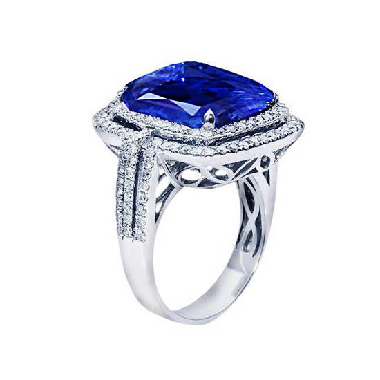 4.50 ct kussen Ceylon blauwe saffier en ronde diamanten verlovingsring - harrychadent.nl