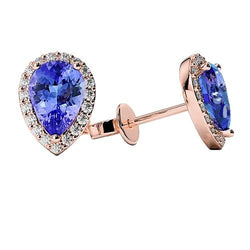 4.80 ct blauwe tanzaniet met diamanten oorknopjes rosé goud 14k