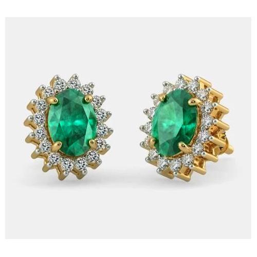 4.80 ct groene smaragd met diamanten oorknopjes 14k geel goud - harrychadent.nl