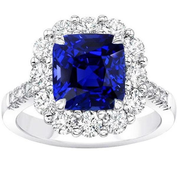 5.50 Karaat Halo Kussen Diepblauwe Saffier Ring & Diamanten Sieraden - harrychadent.nl