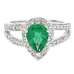 6 karaat peer groene smaragd met diamanten trouwring wit goud 14K