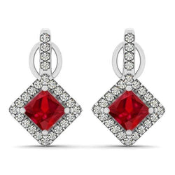 6 kt rode robijn met diamanten dame bengelen oorbellen wit goud 14k