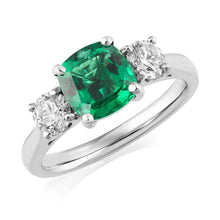 Afbeelding in Gallery-weergave laden, 6.50 Carats Green Cushion &amp; Diamond 3 Stone Ring White Gold 14K
