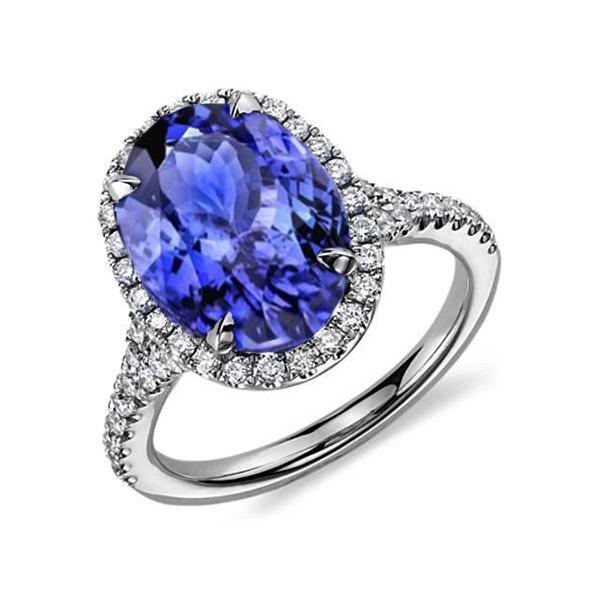 6.85 Ct Tanzaniet met Halo Diamanten Ring Witgoud 14K - harrychadent.nl