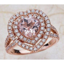 7 Kt. Hart geslepen roze edelsteen met dubbele Halo diamanten ring Rose 14K