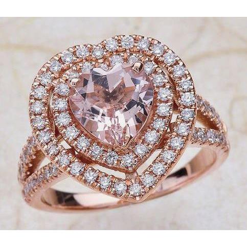 7 Kt. Hart geslepen roze edelsteen met dubbele Halo diamanten ring Rose 14K - harrychadent.nl