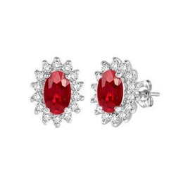 7,10 karaat ovale robijn en ronde diamanten oorknopjes wit goud 14K