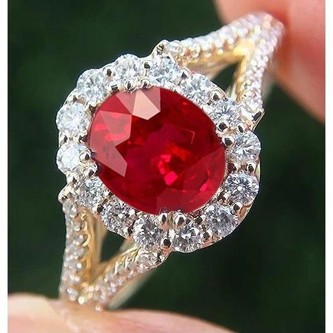 7,25 karaat ovale rode robijn met diamanten trouwring geel goud 14K - harrychadent.nl