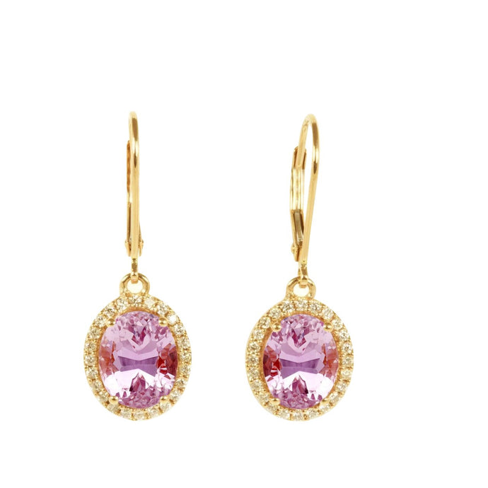 9 ct. Ovaal Roze Kunziet Met Diamant Dangle Earring Geel Goud 14K - harrychadent.nl