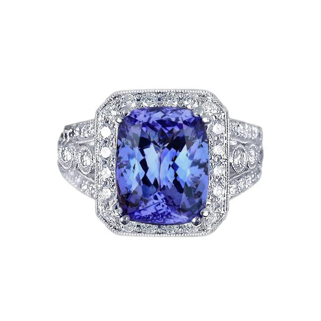 9,50 Karaats Kussen Tanzaniet En Ronde Diamanten Ring Vintage Stijl - harrychadent.nl