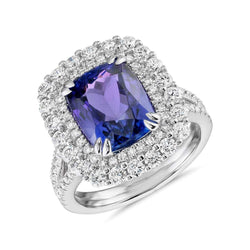 9,50 ct kussen tanzaniet en diamanten ring wit goud 14k