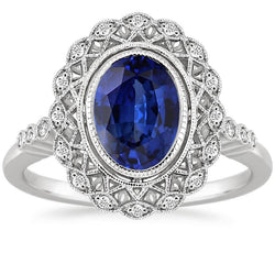 Antieke stijl Halo Ring Bezel Set blauwe saffier met diamanten 4 karaat