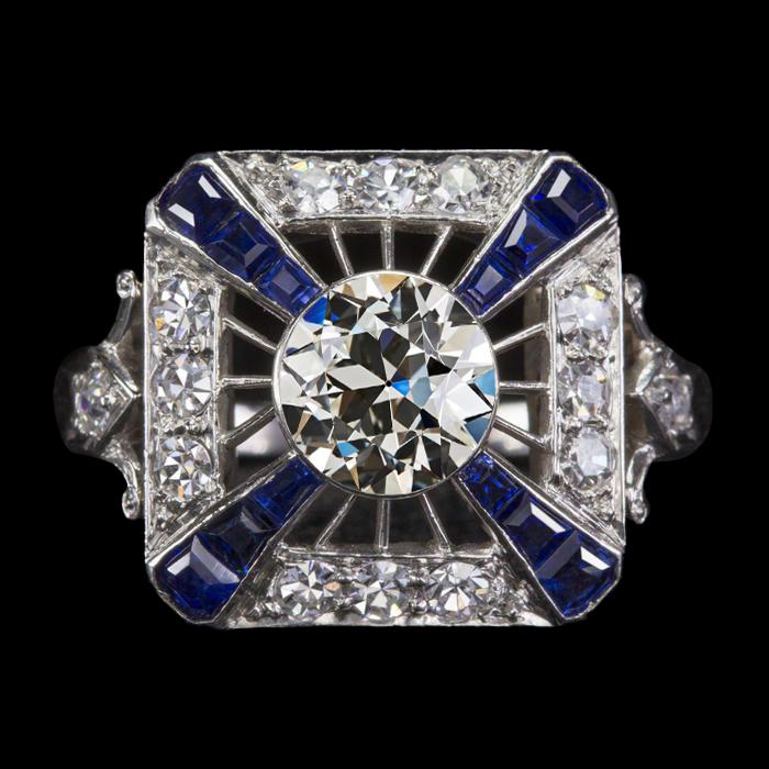 Antieke stijl Halo Ring oude mijnwerker diamant & blauwe saffieren 4 karaat - harrychadent.nl