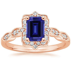 Antieke stijl blauwe saffier diamanten ring 3 karaat edelsteen