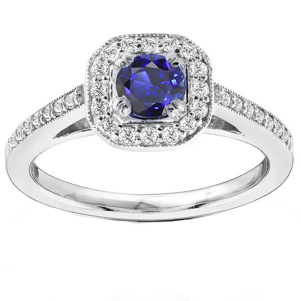 Antieke stijl diamanten Halo blauwe saffier ring 3 karaat Milgrain Shank - harrychadent.nl