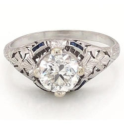 Antieke stijl diamanten ring 1,50 karaat blauwe saffier wit goud 14K