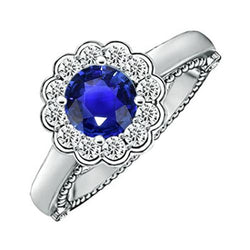 Antieke stijl diamanten ring Halo bloem stijl blauwe saffier 2,50 karaat