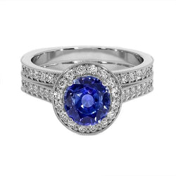 Antieke stijl diamanten ring set 6 karaat ronde blauwe saffier wit goud