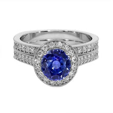 Afbeelding in Gallery-weergave laden, Antieke stijl diamanten ring set 6 karaat ronde blauwe saffier wit goud - harrychadent.nl
