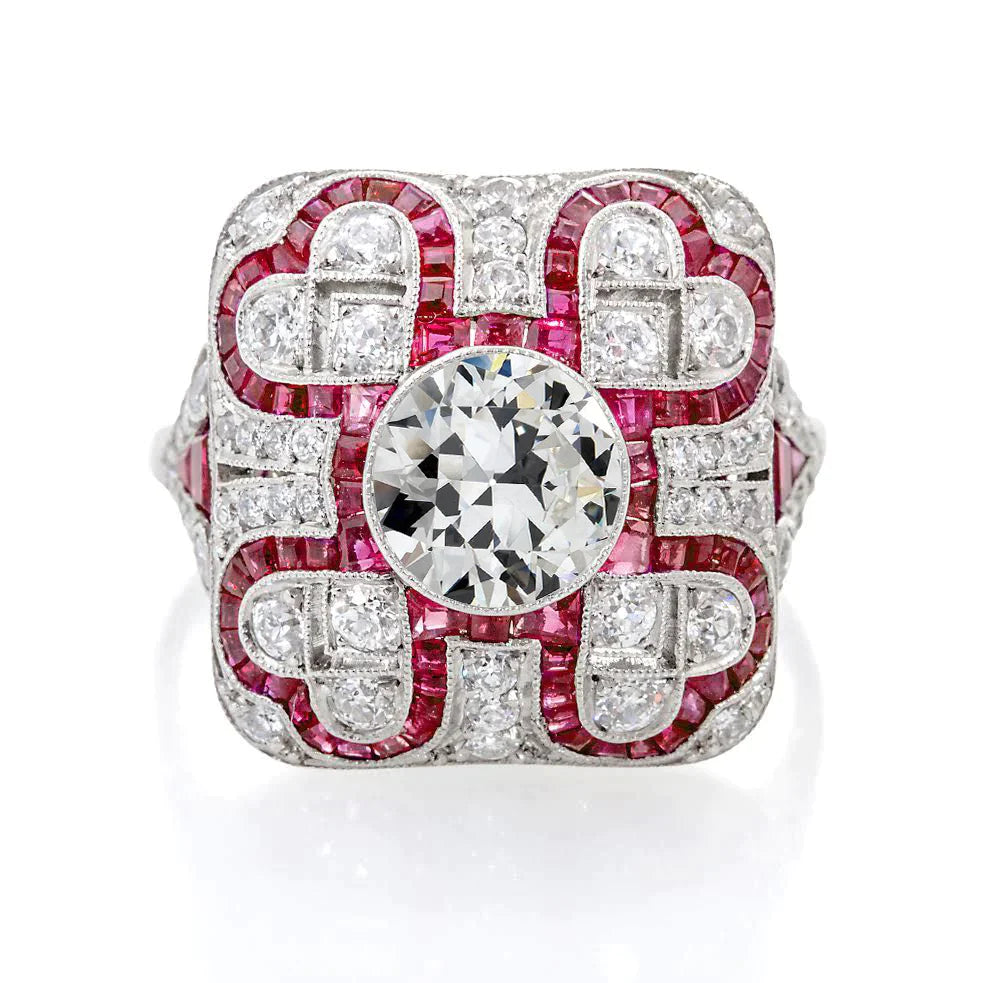 Art Deco Sieraden Nieuwe Antieke Stijl Halo Oude Geslepen Diamant Ruby Ring