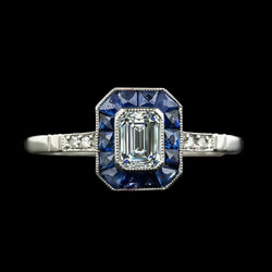 Art Deco Sieraden Nieuwe Halo Ring Emerald Diamond & Trapezium Saffieren