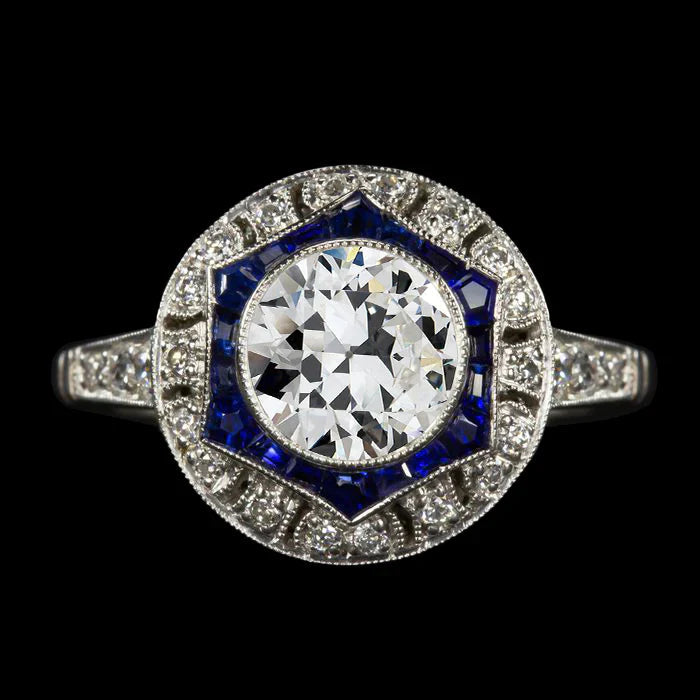 Art Deco sieraden nieuwe dubbele halo ring oude geslepen diamant & Ceylon saffieren
