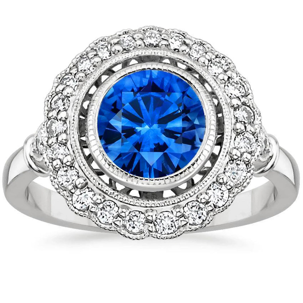 Art Nouveau sieraden nieuwe Halo blauwe ronde saffier diamanten ring