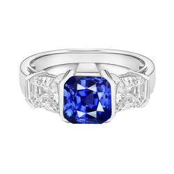 Asscher Diamant 3 Stenen Ring 3 karaat Sri Lankaanse saffier gouden sieraden
