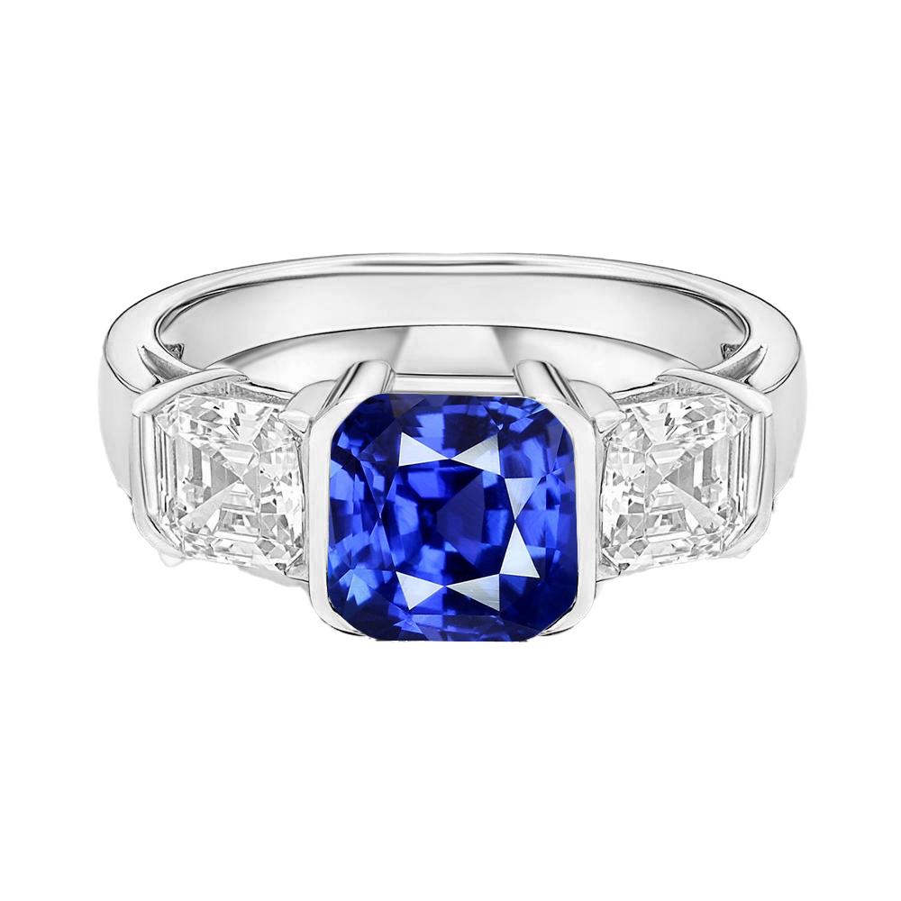 Asscher Diamant 3 Stenen Ring 3 karaat Sri Lankaanse saffier gouden sieraden - harrychadent.nl