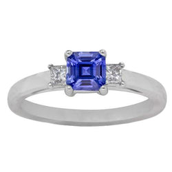 Asscher Saffier 3 Stenen Ring 1,50 Karaat Sprankelende Prinses Diamanten