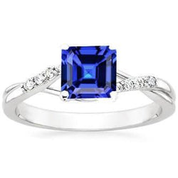 Asscher Saffier Diamanten Verlovingsring Gedraaide Schacht 2 Karaat Goud